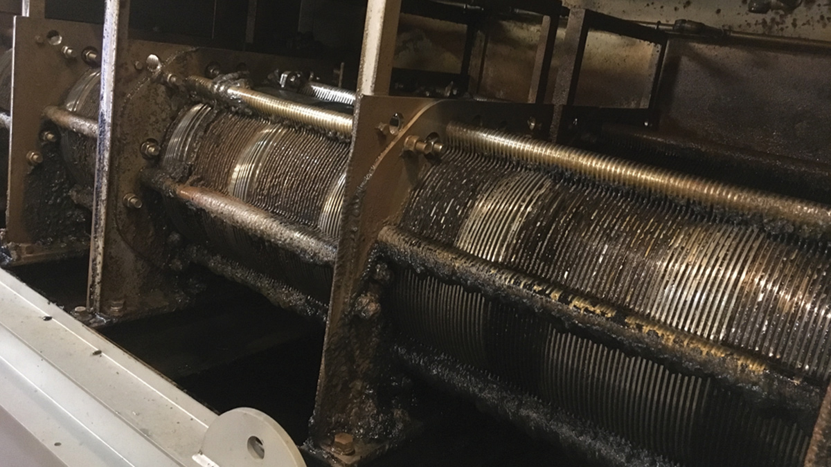 The disc press in action, showing the rings of a Volute drum - Courtesy of KWS Grampian