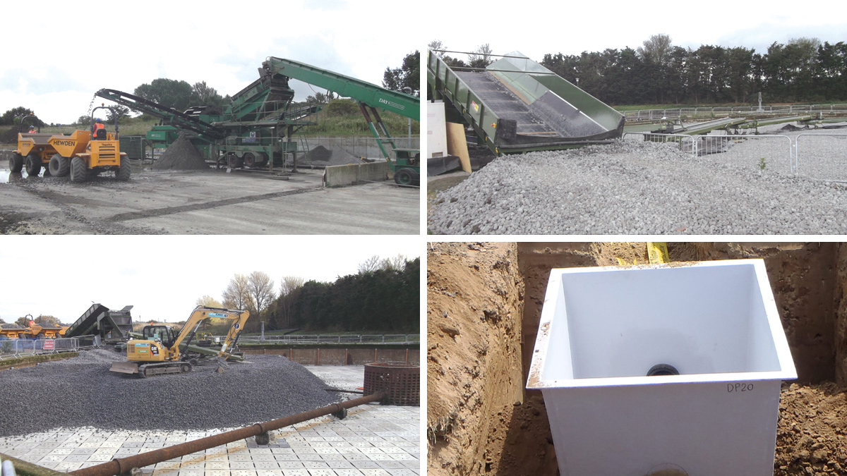 (top left) Wash plant for processing new and existing filter (top right) filter refurbishment conveyor system for placement of media (bottom left) placement of new filter media in newly tiled 42m dia biological filter using a conveyer system which greatly reduced the chances of damage through compaction by dump trucks and (bottom right) construction of GRP draw pit and ducting system - Courtesy of BTU