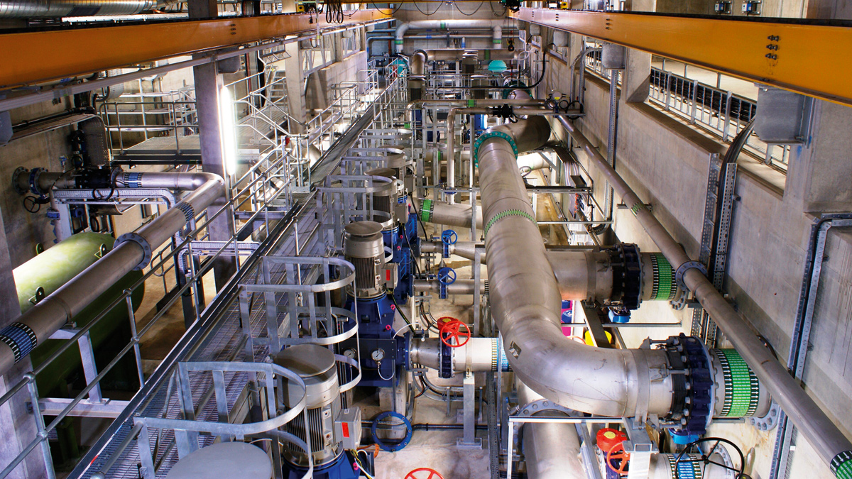 Douglas IOM WTW: Treated water pump gallery (with backwash and interstage pumps in background) - Courtesy of AECOM DB