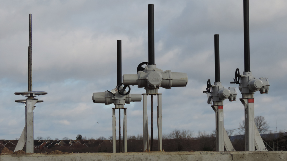 A forest of actuated and manual penstocks on the new filter distribution chamber - Courtesy of Southern Water
