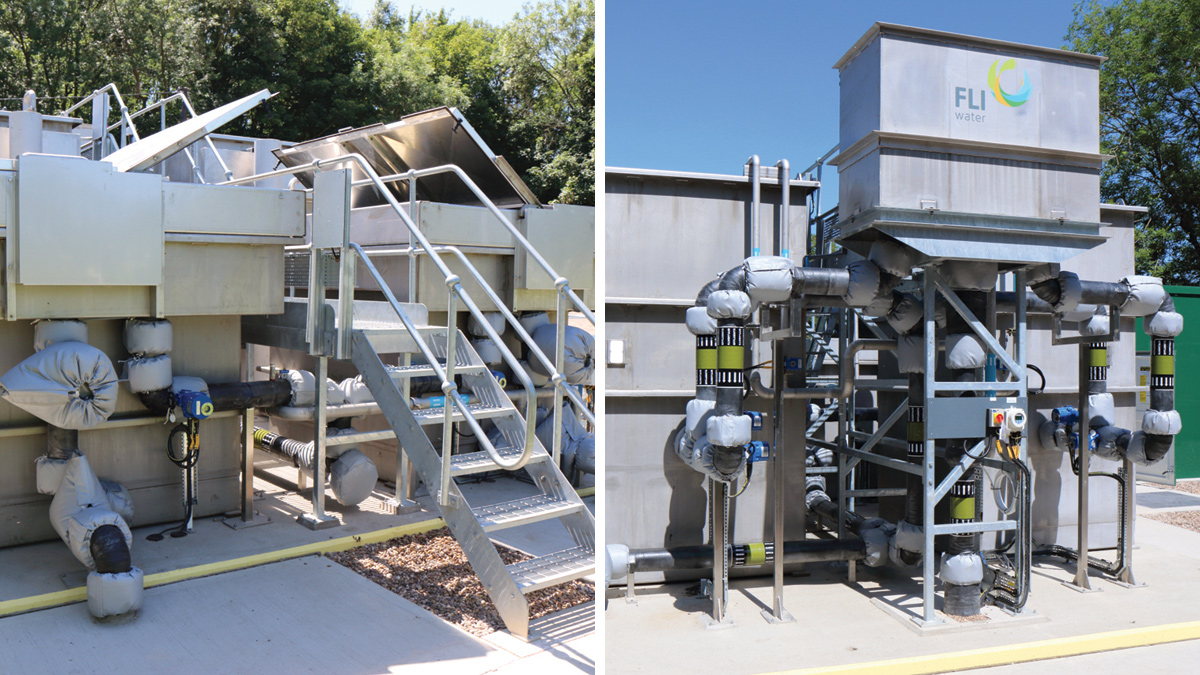 (left) Outlets with twin Filtabead treatment streams and (right) Flow Splitter and twin HSAF treatment streams - Courtesy of FLI Water