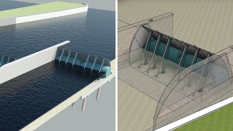 (left) Weir - wide angle view and (right) weir with transparent wall - Courtesy of Mott MacDonald