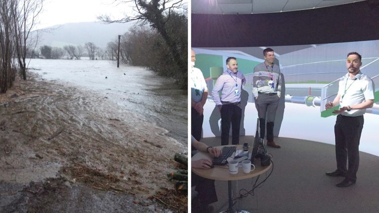 (left) The site flooded on Boxing Day of 2015 and (right) Use of the Igloo (360 immersive technology) - Courtesy of DCWW