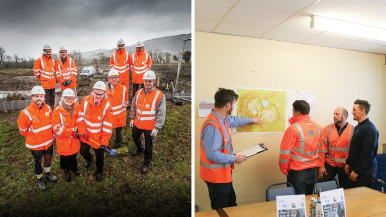 (left) Cutting the turf on site with the local councillor and MP and (right) Skanska sub-agent discussing site weekly activities with Welsh Water operations team - Courtesy of DCWW