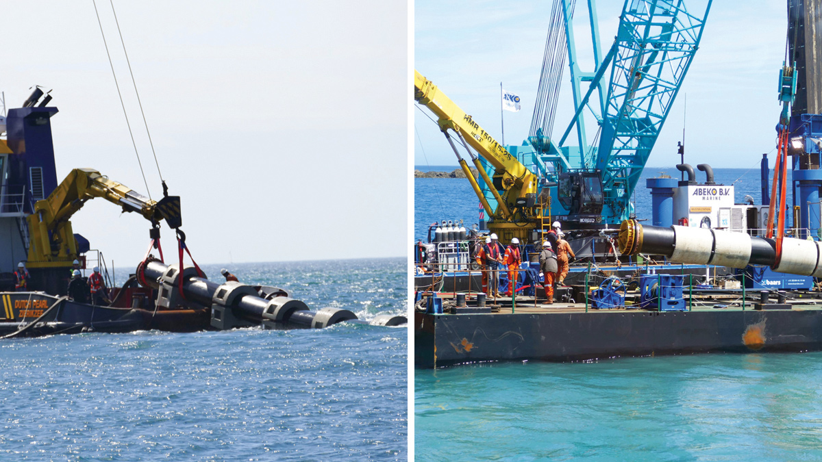 (left) Commencement of pipe sinking and (right) completion of first pipe string installation. Awaiting connection of second string - Courtesy of Guernsey Water
