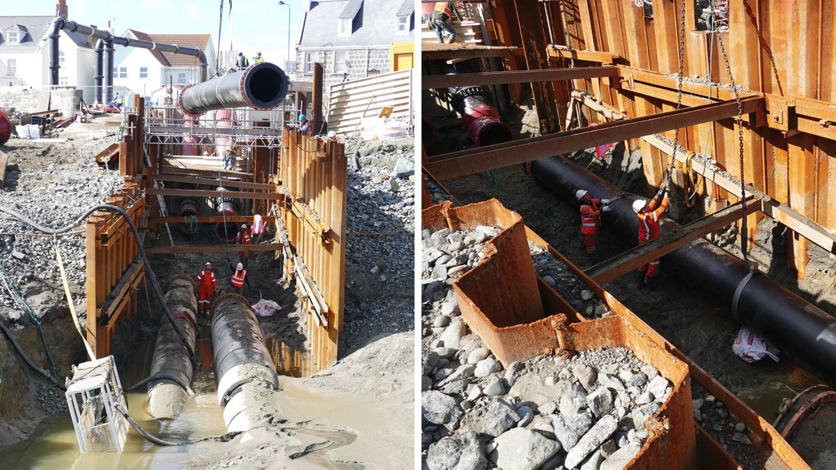 Installation of spool piece connecting offshore to onshore pipelines within cofferdam - Courtesy of Guernsey Water