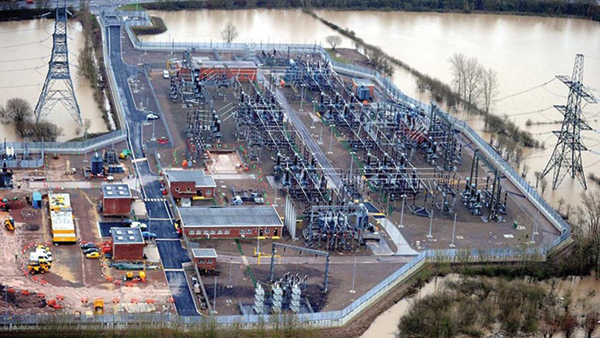 Walham Substation with flood protection wall - Courtesy of National Grid