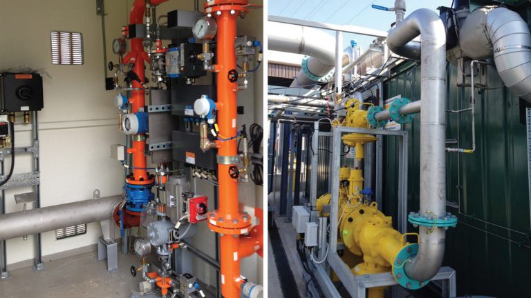 (left) Propane injection equipment and (right) parallel gas manifolds at engines - Courtesy of Sweco