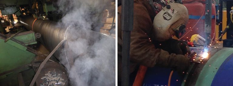 (left) Steel pipe fabrication - Courtesy of pipe manufacturer Erciyas and (right) welding in action - Courtesy of Caledonia Water Alliance
