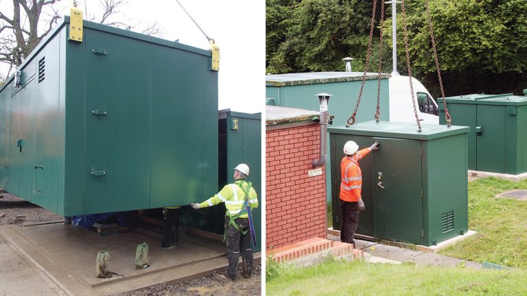 (left) UltraSecure plug and go walk-in modular security kiosk and (right) UltraSecure drop-over twin door cabinet/enclosures