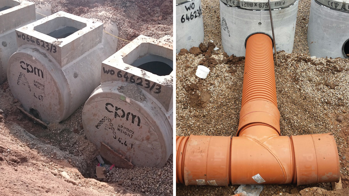 (left) Tank maniflow arrangement and (right) End entry manholes with precast concrete saddles - Courtesy of NMCNomenca