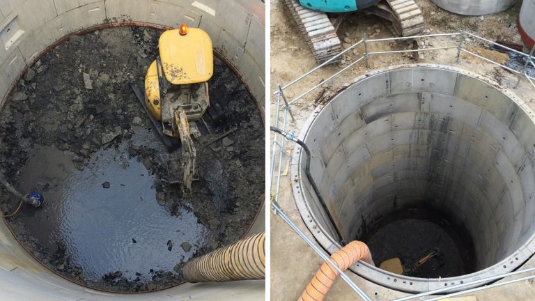 (left) Excavator sat on the ‘top hard’ seam and (right) main shaft at final depth - Courtesy of NMCNomenca Ltd