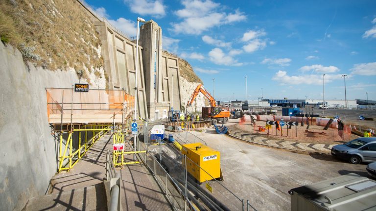 Scaffold deck constructed over footway to protect pedestrians from falling debris from cliff face - Courtesy of Southern Water