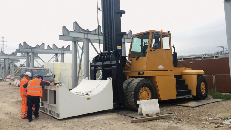 Forklift used to lift pipe sections up to 6m on to support towers - Courtesy of MVB JV