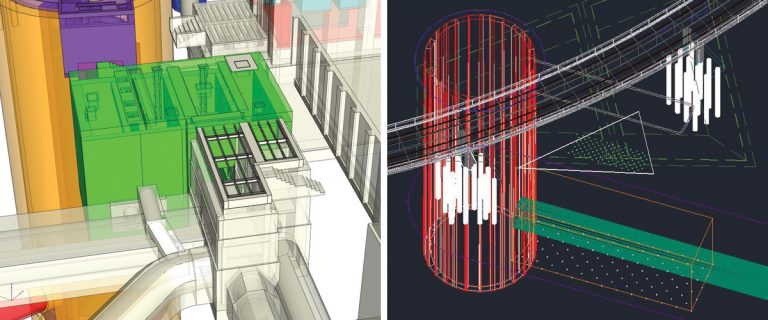 (left) Secant piled cofferdam at Greenwich Pumping Station and (right) CAD model for Greenwich Pumping Station shaft - Courtesy of Tideway
