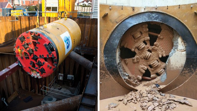 (left) Mobilisation of TBM and (right) TBM break through - Courtesy of C2V+