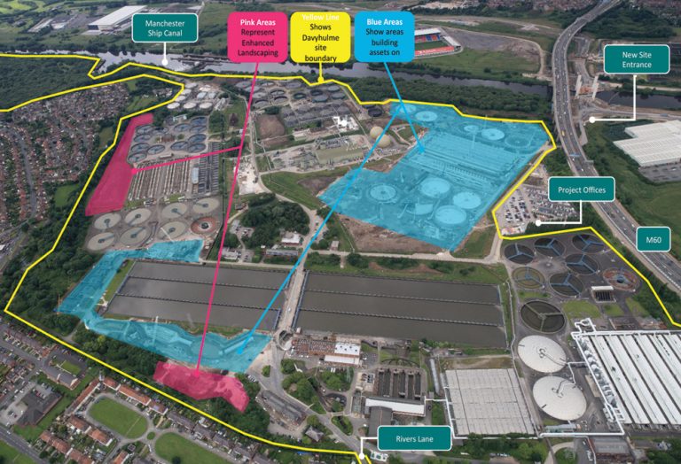Aerial view of the main project working areas on Davyhulme WwTW - Courtesy of United Utilities and Laing O’Rourke