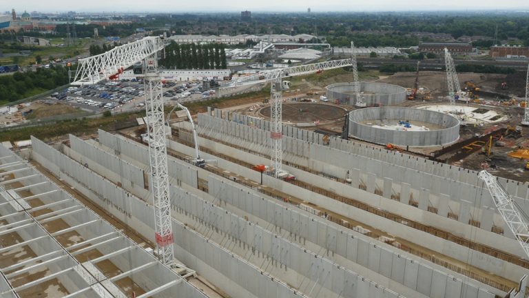 Installation of precast elements of the ASP via tower cranes - Courtesy of United Utilities and Laing O’Rourke