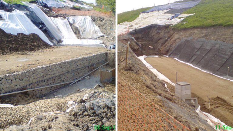 (left) Base of the berm with the toe drain and PET1000 visible and (right) Earnsdale berm construction on the eastern shoulder - Courtesy of United Utilities