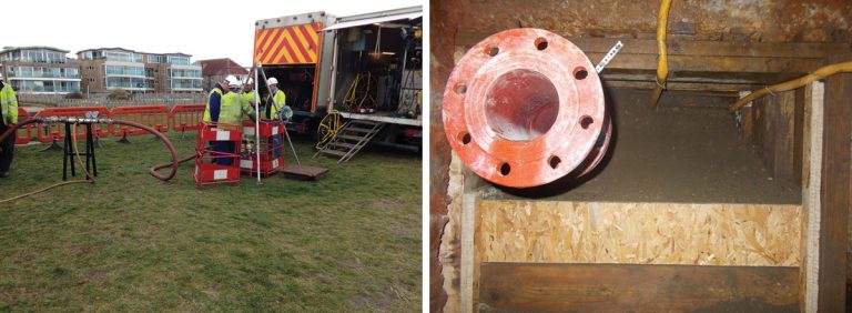 (left) Set up at the top of the cliff - Courtesy of Wessex Water and (right) Backfilling with concrete and grout - Courtesy of Matt Durbin Associates