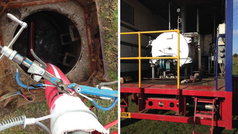 (left) Curing the lining - Courtesy of Wessex Water and (right) Steaming lorry - Courtesy of Onsite Services Ltd