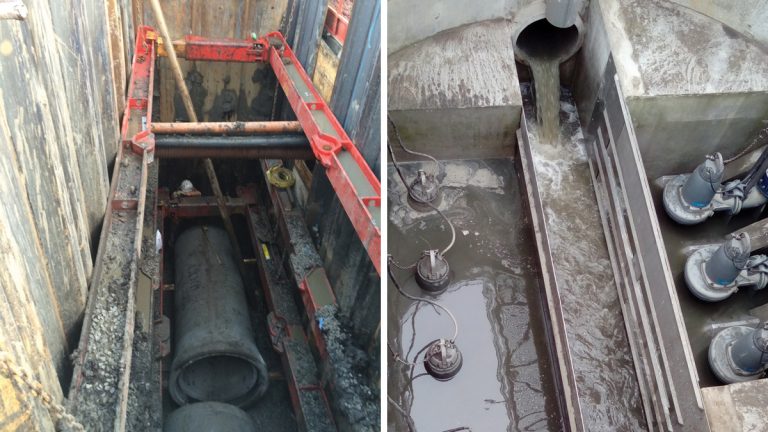 (left) 900mm concrete pipe being installed - Courtesy of Morgan Sindall and (right) Pumping station wet well during commissioning - Courtesy of Arup