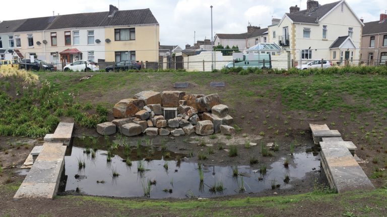 Surface water discharge headwall into energy dissipation zone - Courtesy of Dŵr Cymru Welsh Water and Morgan Sindall