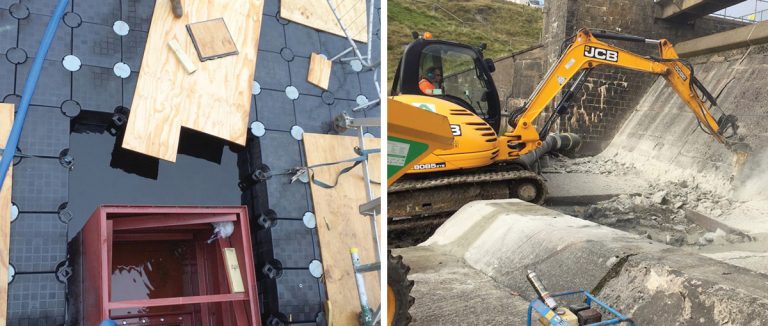 (left) Limpet dam and modular floating pontoon and (right) Concrete removal at foot of existing spillway - Courtesy of Dŵr Cymru Welsh Water