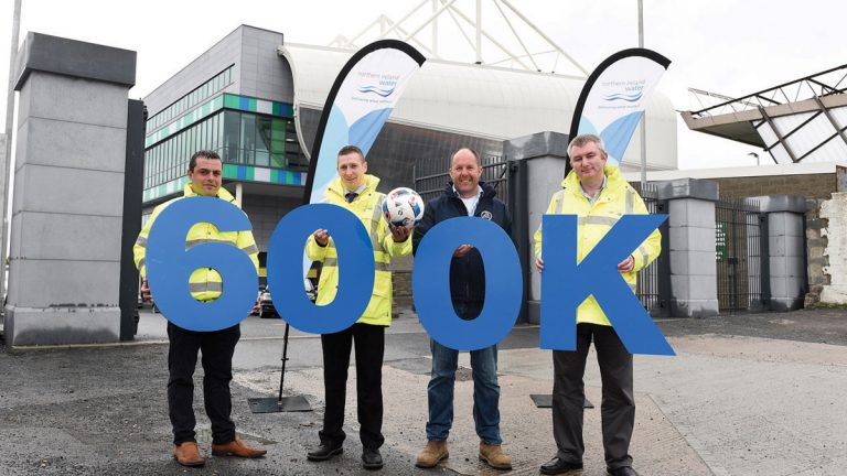 Team photo marking the completion of this essential new storm sewer for Windsor Park & Olympia Leisure Centre. The programme of work will also improve the sewerage infrastructure in the area, increasing the capacity of the existing combined sewers, particularly during periods of heavy rainfall - Courtesy of NI Water