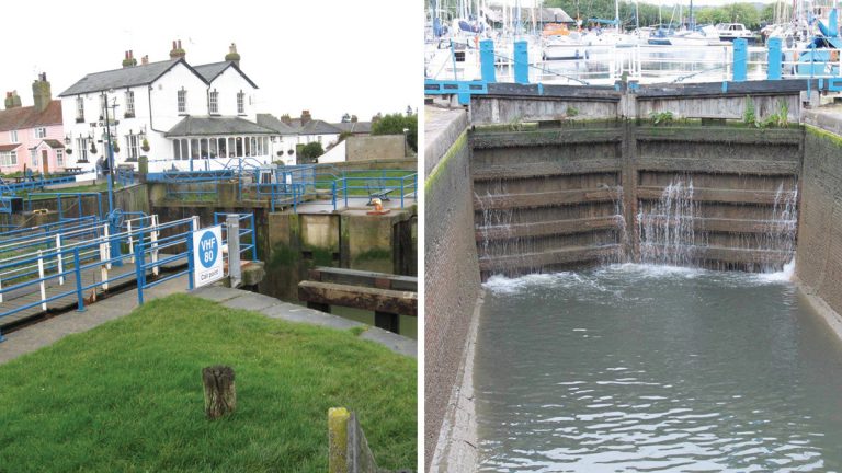 (left) View of seaward end of lock and (right) old timber mitre gates - Courtesy of Northumbrian Water Group