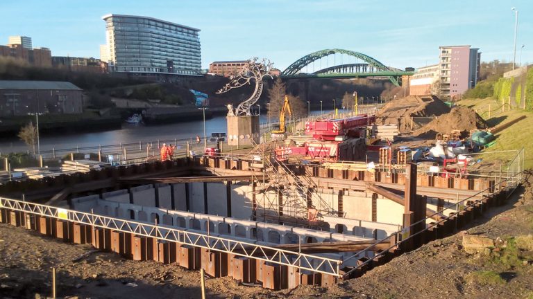 Precast units are lifted into place and tied together using in situ concrete strips at St Peter’s, Sunderland - Courtesy of ESH-MWH