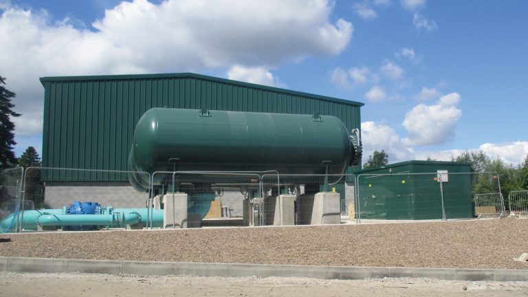 Gorbals Pumping Station - exterior view showing surge vessels - Courtesy of amey-Black & Veatch