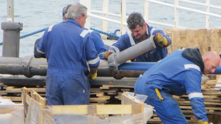 Fitting the clamshells onboard MV Woodstock - Courtesy of George Leslie Ltd