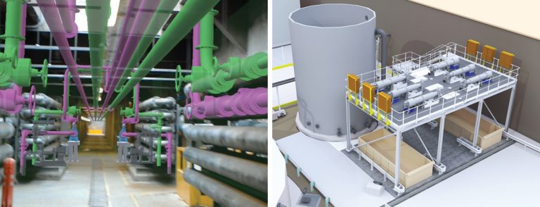 (left) Digester gallery recirculation pipework augmented reality and (right) primary sludge screens - Courtesy of MWH Treatment