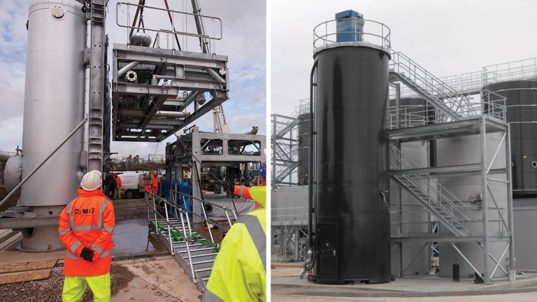 (left) Assembling the Cambi modules and (right) polymer dosing system - Courtesy of MWH Treatment