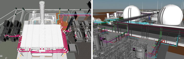 (left) Boilerhouse waste heat ducting and siloxane plant and (right) double membrane gas holders - Courtesy of MWH Treatment