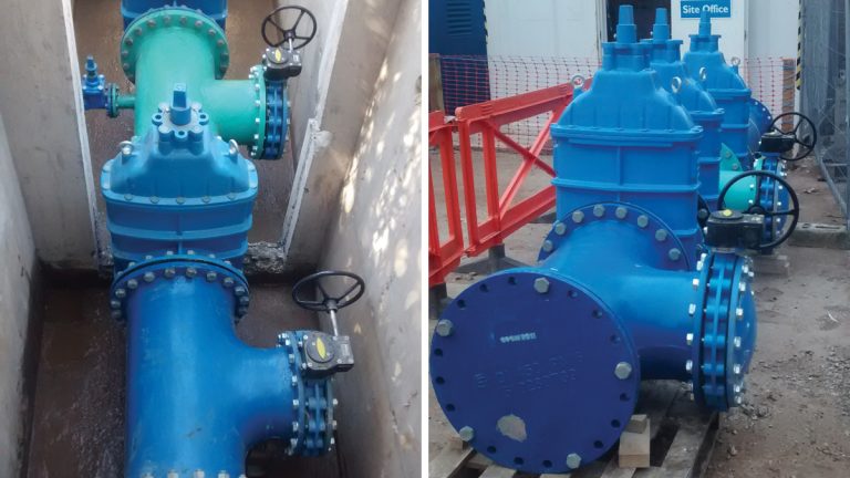 (left) Pipework in a newly extended existing chamber ready for the new UV plants in and outlets and (right) pipework made above ground before installation to check measurements and reduce tasks in a limited water network shutdown - Courtesy of NMCNomenca