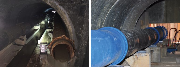 (left) Existing pipework within culvert with false floor installation being prepared for running of “dolly” system and (right) 450mm diameter ductile iron main within the culvert on existing plinths with new, purpose made support blocks - Courtesy of South East Water