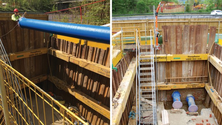 (left) Lowering of 450mm diameter ductile pipework into northern access shaft and (right) north access shaft and reinstatement of brick culvert window upon completion of installation of new mains through culvert - Courtesy South East Water