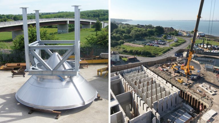 (left) Fabricated stainless steel pipework - Courtesy of Southern Water and (right) Woolston STW under construction - Courtesy of 4Delivery