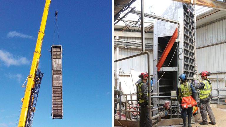 (left) Lifting the inlet screens into position and (right) lowering the 14m tall inlet screen into place - Courtesy of Southern Water