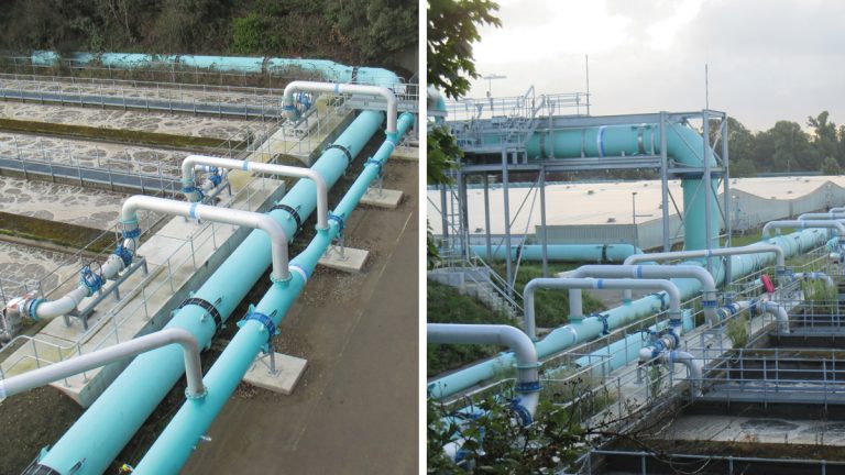 (left) Air pipework feeding lanes west of road crossing and (right) air main distribution pipework road crossing to lane header pipework - Courtesy of eight2O