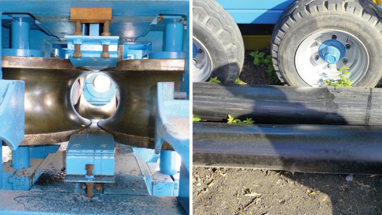 (left) Radius Subterra’s specially designed pipe rollers and (right) section of pipework showing the stable concentric reduction in diameter - Courtesy of Optimise