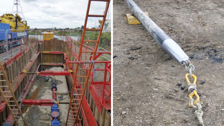 (left) The temporary caisson on the east bank of the creek and the first main about to be lined with Barking Creek in the background and (right) liner pipework ready for installation with towing head attached - Courtesy of Optimise