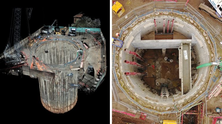 (left) Model of 3D survey of the excavated secant piled shaft - Courtesy Sedimentation Skanska and (right) Duty well with drop pipe curved de-aeration cowl and corner infill benching - Courtesy of Hydrotec and Wessex Water