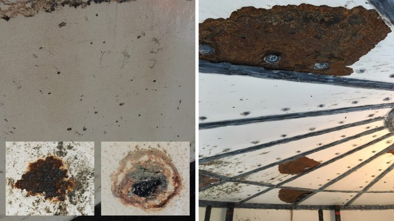 (left) Photos show a view of defects on tank panels. On continued swab testing, the Elcometer alarmed constantly with no visible evidence of damage or defects, this would indicate that the coating is either porous or defective to some degree. The third photo clearly shows pitting or pinholes throughout the surface of the coating and (right) internal panel of corroded roof where the patch repairs carried out externally - Courtesy of Hayes GFS Ltd