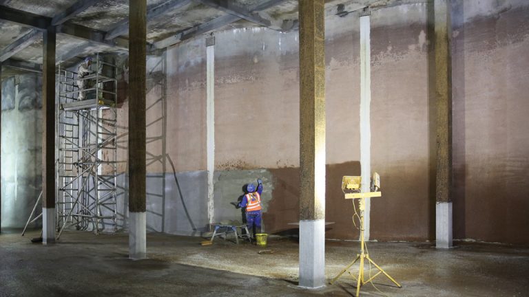 Shavers End Reservoir: Walls and columns mid-way through refurbishment - Courtesy of Stonbury