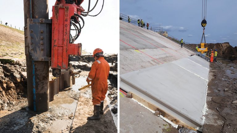 (left) Installation of combi-wall to toe piles - Courtesy of Karen Wright Photography Ltd and (right) Church Scar bottom row of revetment units - Andy Torkington Photography