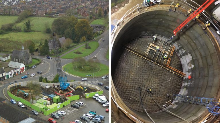 (left) Galgorm WwPS site set up and (right) concrete pours at night to minimise disruption - Courtesy of NI Water