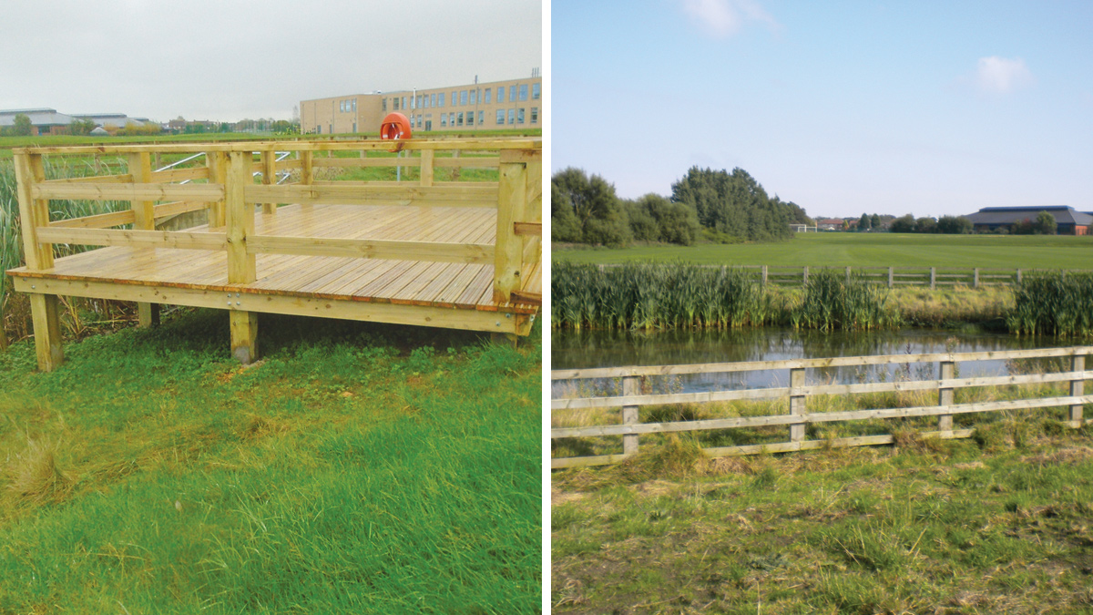 (left) Viewing platform over wetland pond for educational purposes at Longbenton Communtiy College and (right) the wetland pond draining surface water from Longbenton Community College - Courtesy of Esh Stantec
